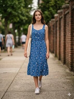 Draper James Women's Floral Blue And White Eyelet Lined With Pockets Sundress L